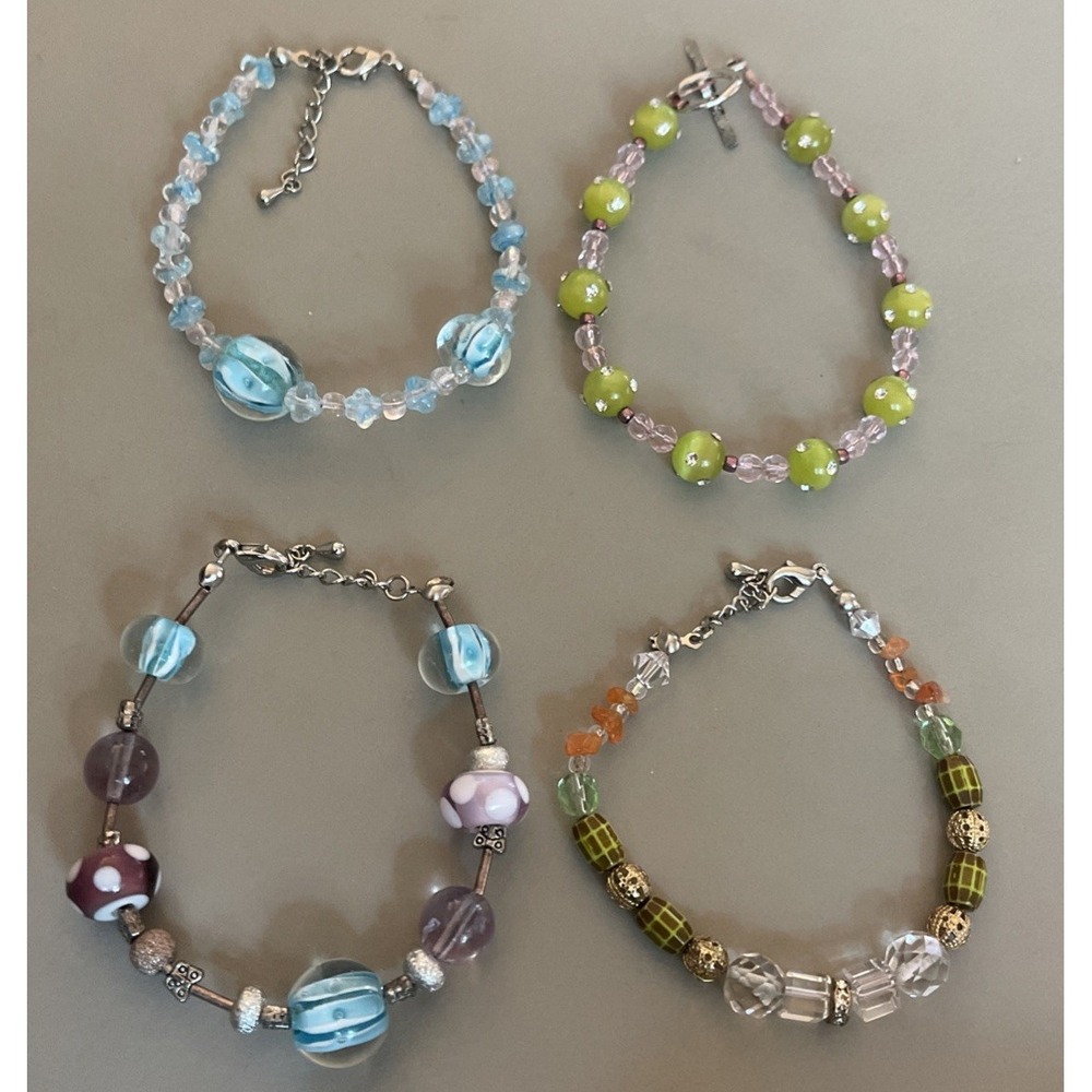 Vintage Lot of 4 Bracelets Lampwork Glass, Gemstone, Beads, Crystals Hand Made